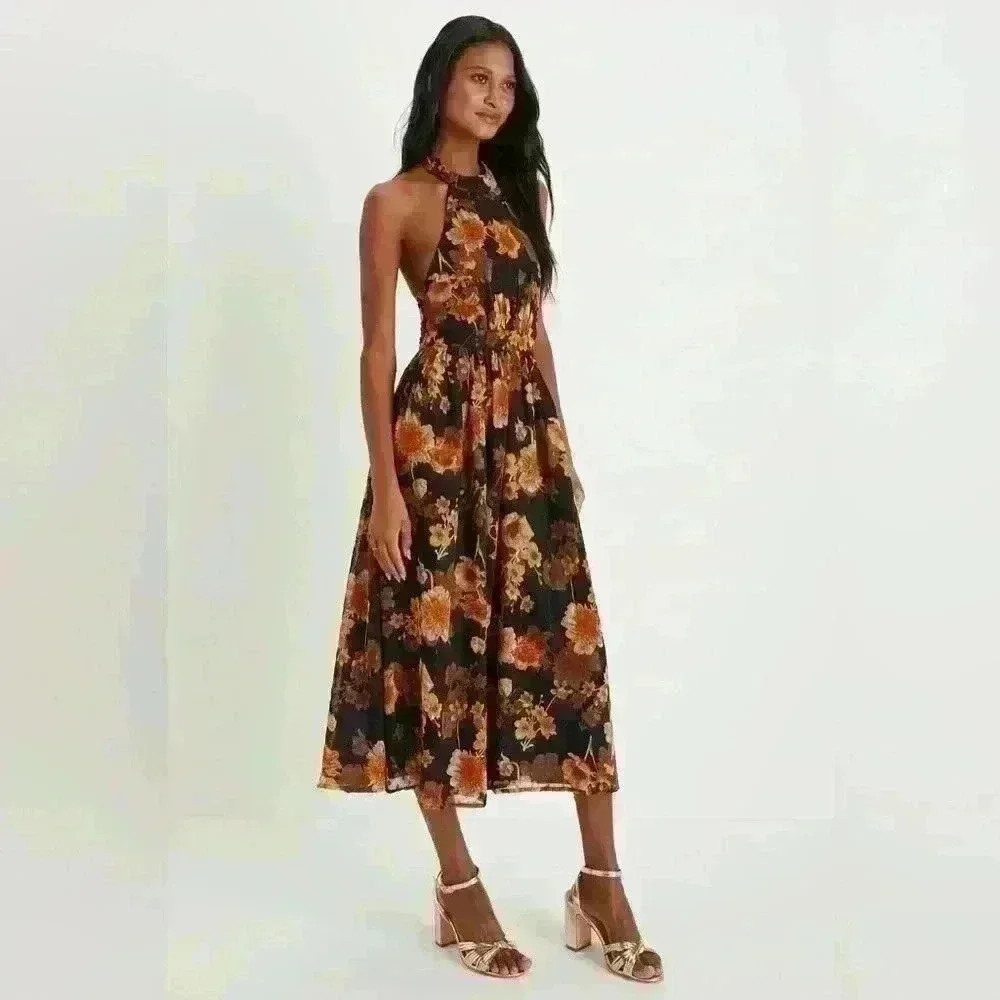 Lulu's Black Floral Midi Dress with Gold & Rust Blooms - Picture 9 of 9